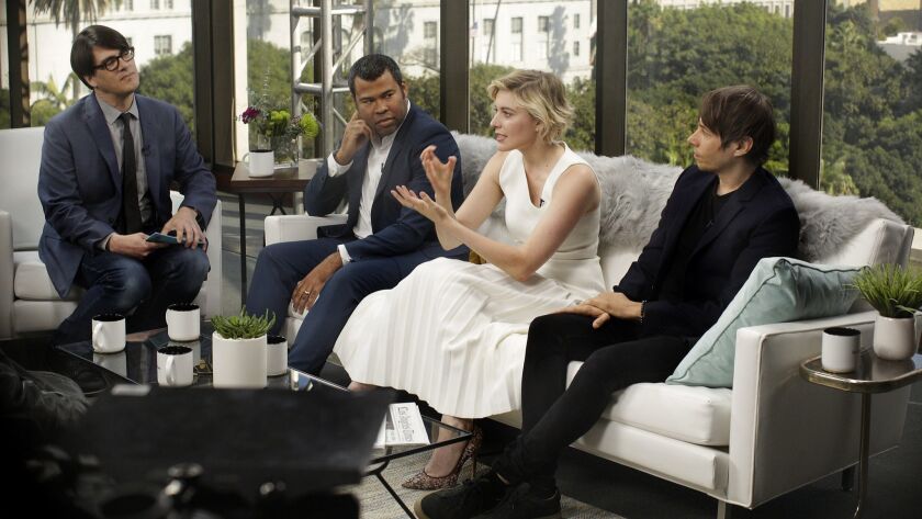 Mark Olson, from left, of the Los Angeles Times hosts Jordan Peele, Greta Gerwig and Sean Baker as part of the annual Directors Roundtable.