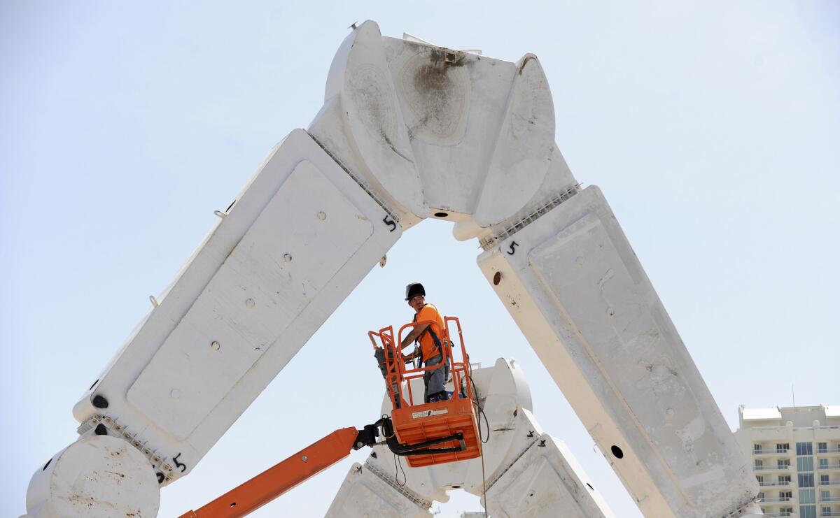 Work Crews prepare the EDM stage in preparation for the first Rock in Rio USA festival in Las Vegas. The stage will host the DJ's at the site near Circus Circus Casino.