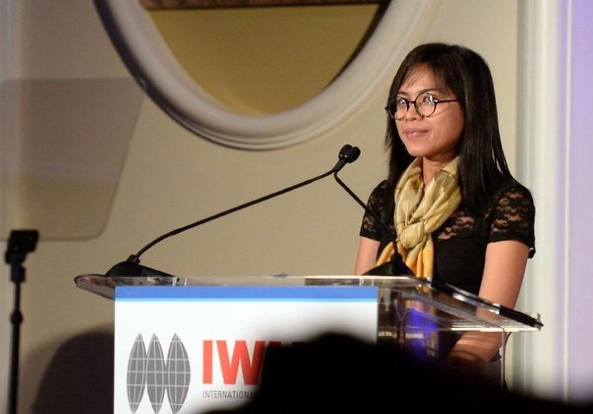 Cambodian journalist Bopha Phorn accepts her award from the International Women's Media Foundation. She was one of four honorees at the Beverly Hills event.