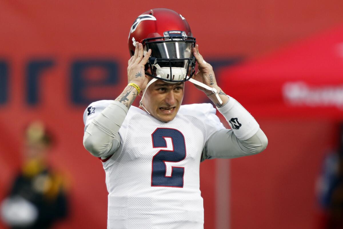 Memphis Express quarterback Johnny Manziel warms up before an AAF football game on March 24, 2019.