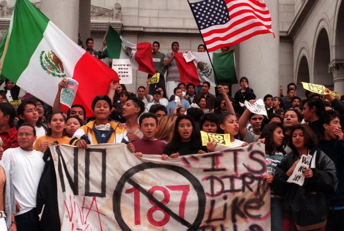 Students from Belmont High on the steps of L.A. City Hall after walking out of school to protest Proposition 187 in November 1994.