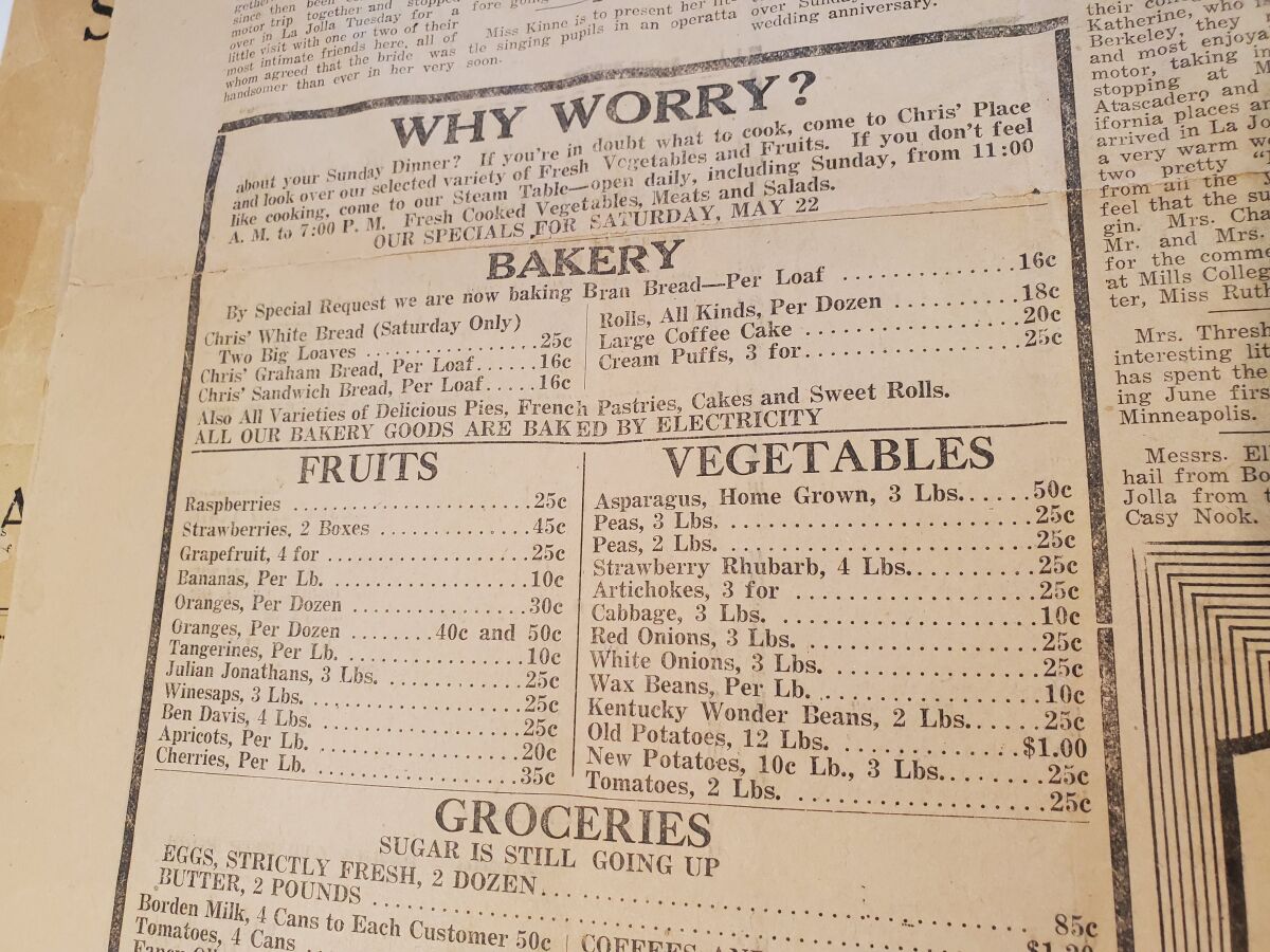 An ad in the May 12, 1920, La Jolla Journal lists grocery items for sale that could be delivered to the home for cooking.
