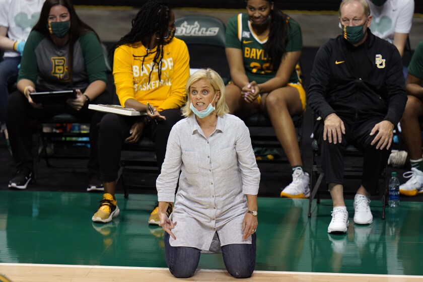 Baylor head coach Kim Mulkey is shown during the second half of an NCAA women's college basketball game against South Florida Tuesday, Dec. 1, 2020, in Tampa, Fla. No. 6 Baylor canceled its much-anticipated home game Thursday night against No. 3 UConn after Lady Bears coach Kim Mulkey tested positive for COVID-19. “I immediately self-quarantined and did not re-join the team when our staff and players came back from our holiday break on December 28," Mulkey said in a statement Tuesday, Jan. 5, 2021. (AP Photo/Chris O'Meara)