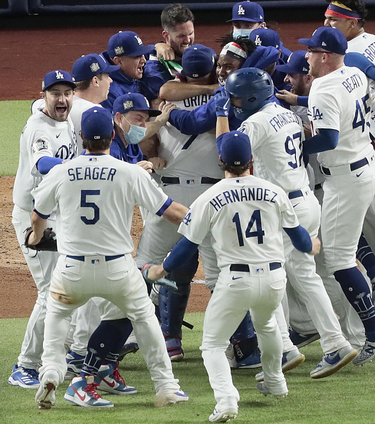 Dodgers celebrate after winning the World Series.