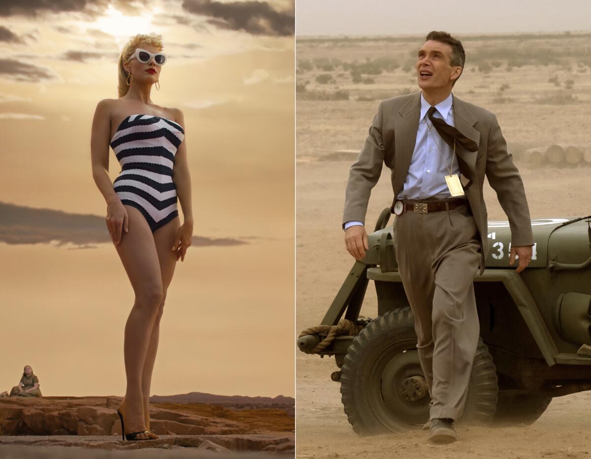Side-by-portraits of Margot Robbie in "Barbie" and Cillian Murphy in "Oppenheimer."