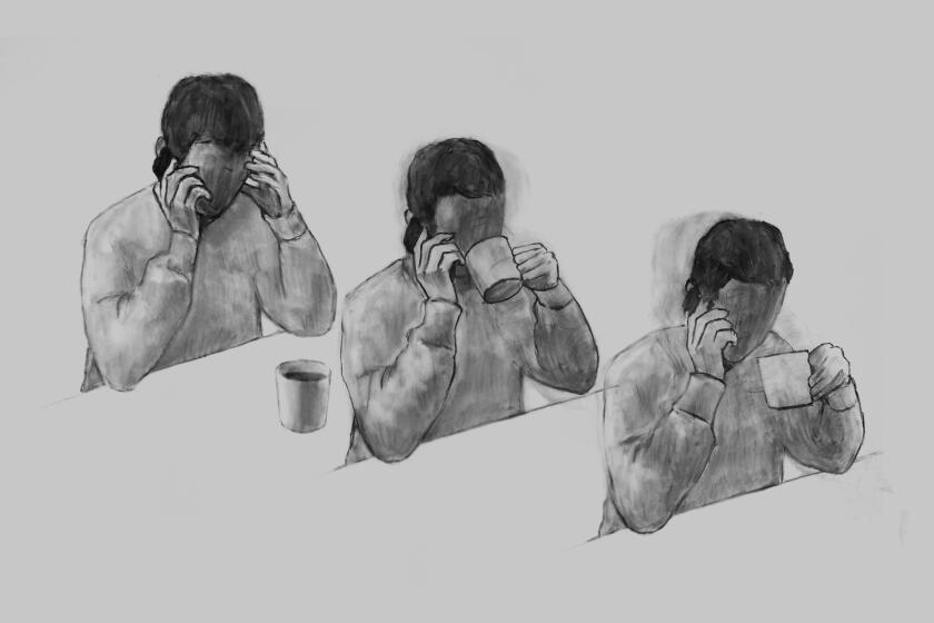 Sketch-style illustrations of a man sipping from a coffee mug while on the phone.