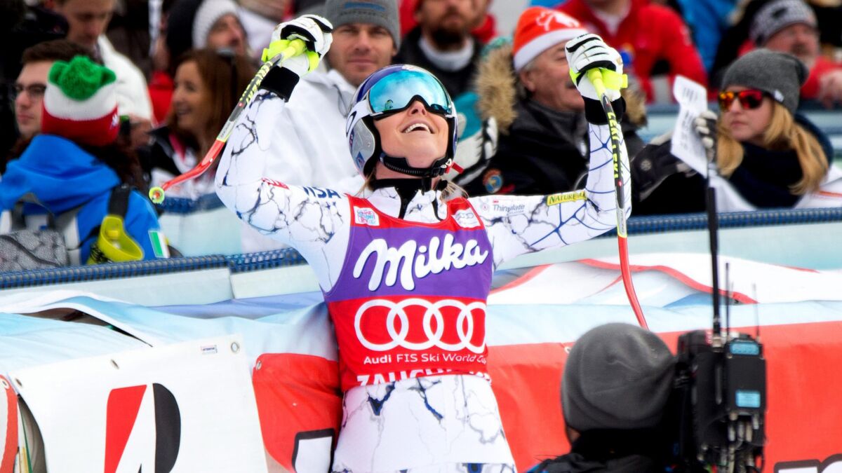 Lindsey Vonn celebrates after winning a World Cup downhill race in Zauchensee, Austria in 2016.