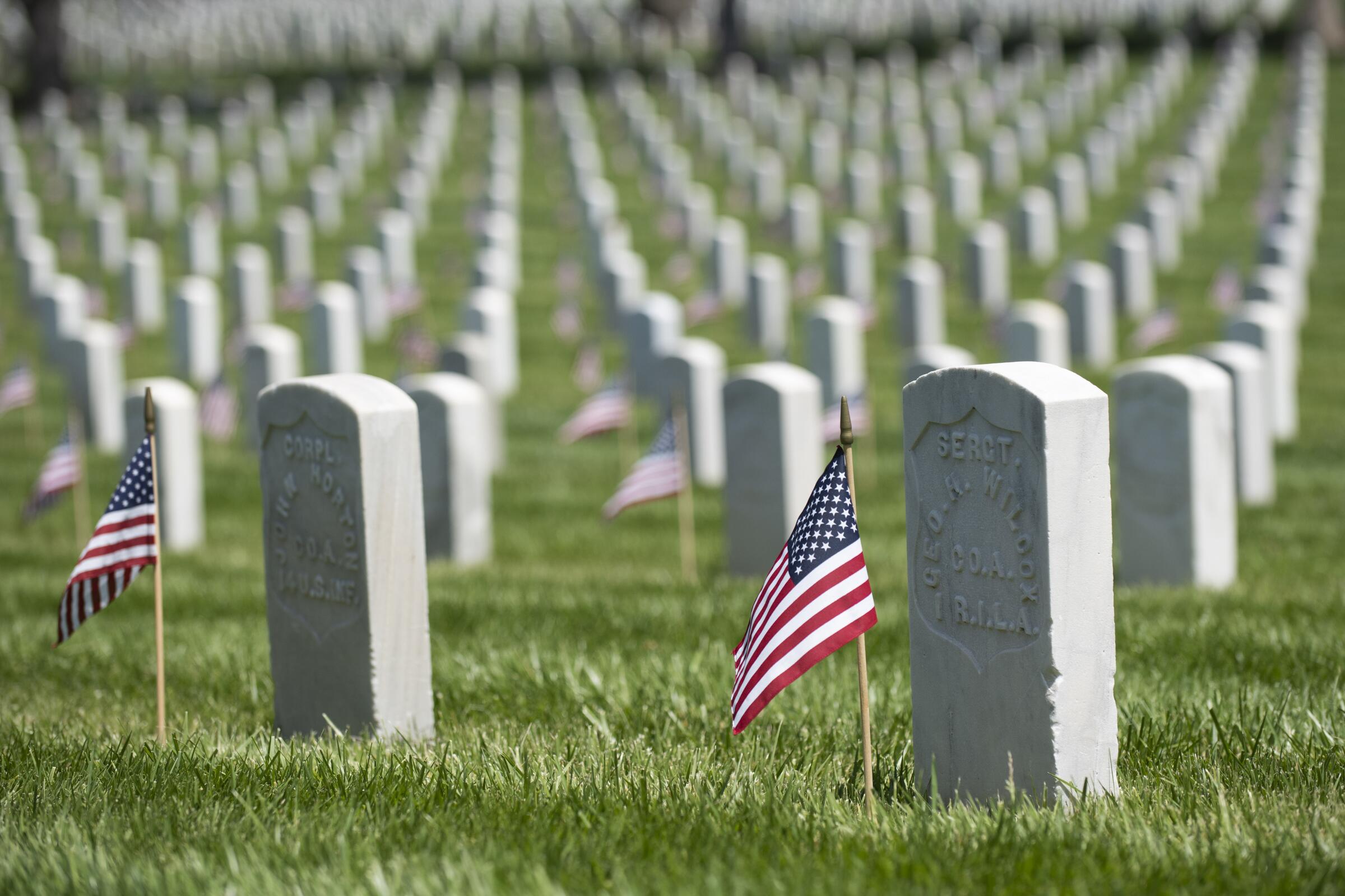 Small flags on graves at the Los Angeles National Cemetery on Memorial Day