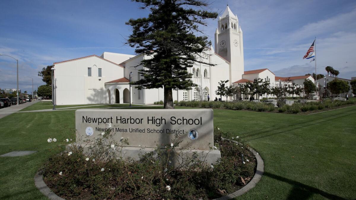 Newport Harbor High School in Newport Beach. A photo of a group of smiling students flashing a Nazi salute while surrounding a swastika formed by red plastic cups posted on social media shocked the community. Some students attended the school.