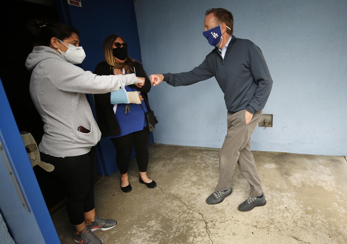 L.A. schools Supt. Austin Beutner greets staff at Westminster Elementary School.