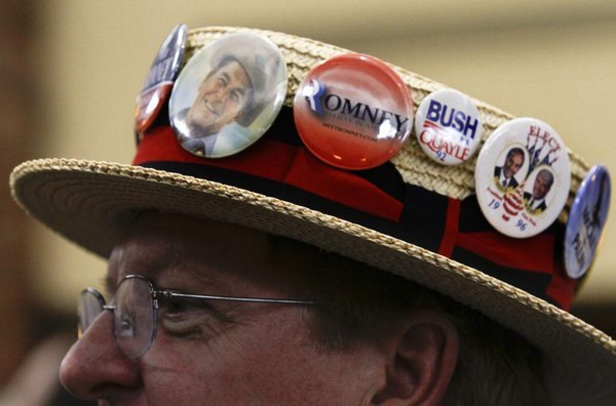 California delegate Gary Felien wears his special straw hat during a breakfast pep rally at last year's Republican National Convention in Tampa, Fla.