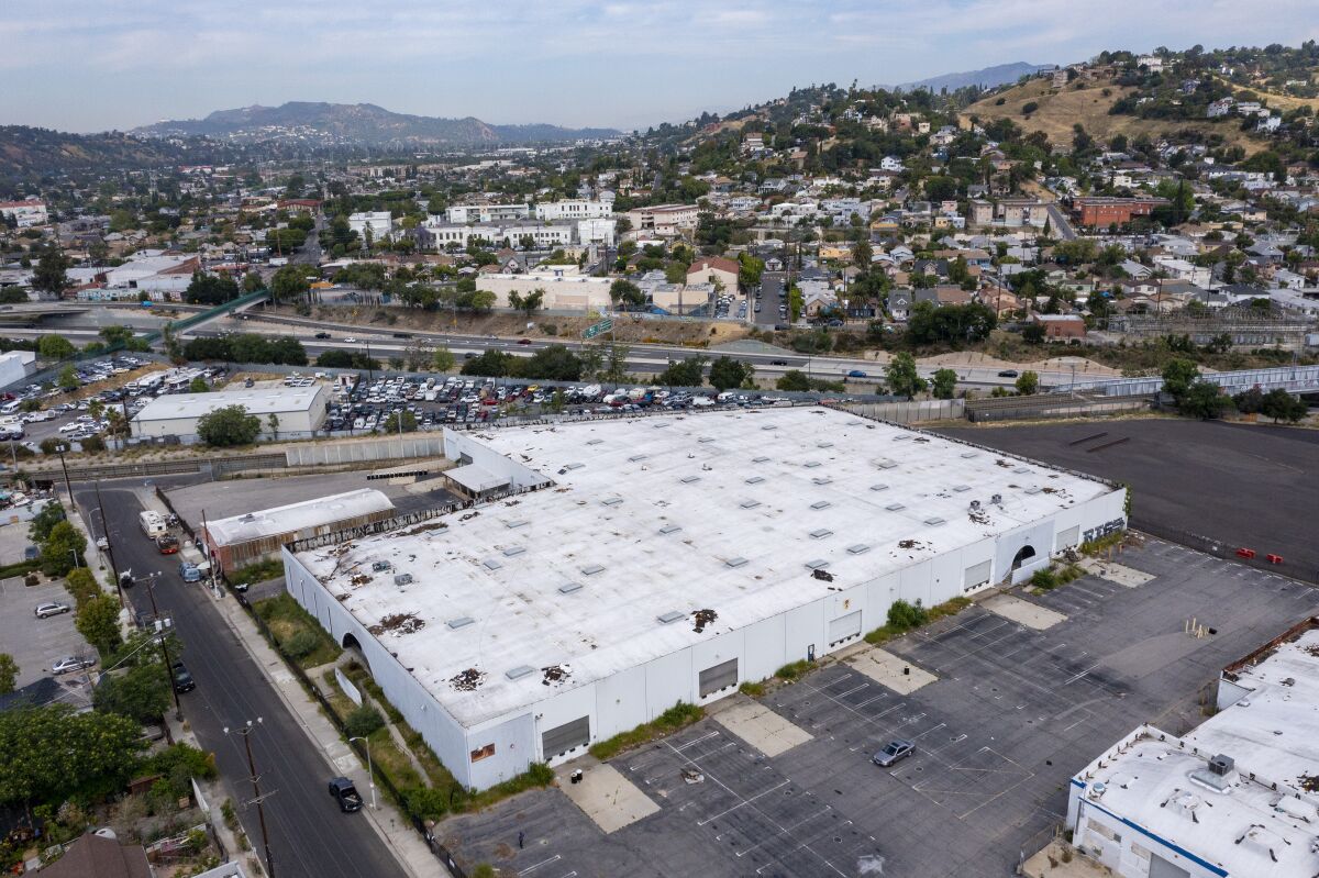A drone image of industrial warehouses at 141 West Avenue 34 in Lincoln Heights.