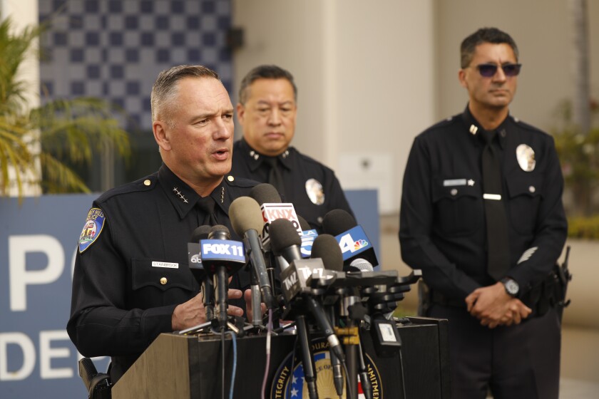 Beverly Hills police Chief Mark Stainbrook announces an arrest in the shooting death of Jacqueline Avant.