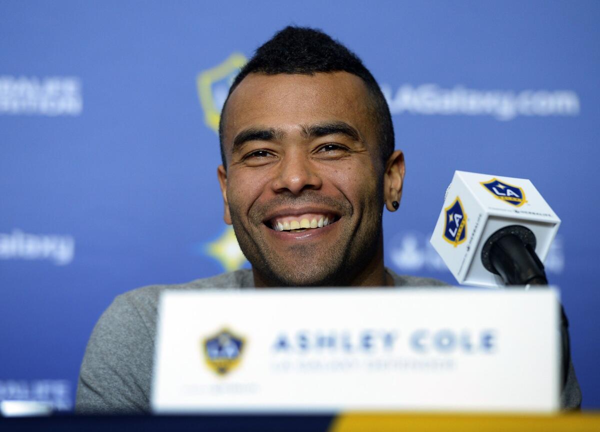 Galaxy's Ashley Cole speaks during a news conference at StubHub Center on Friday.