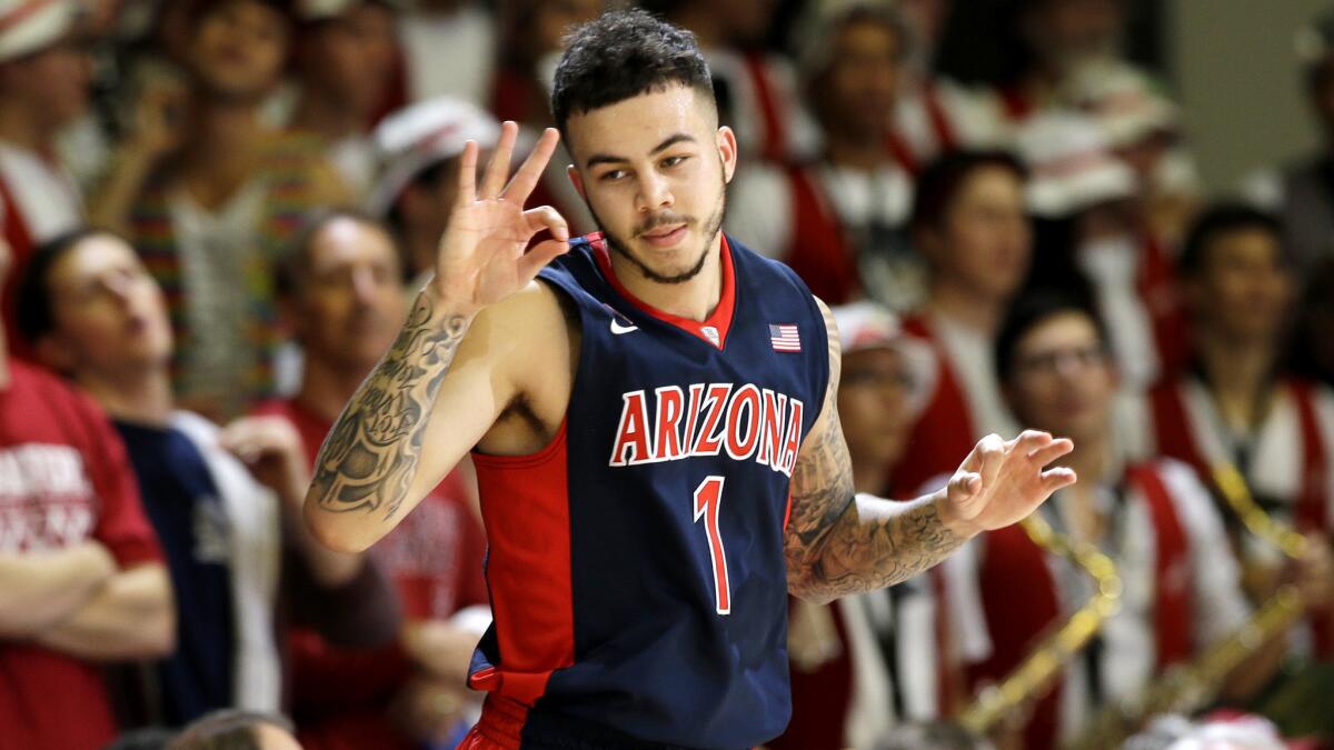 Arizona guard Gabe York reacts after making a three-point shot against Stanford during the second half Thursday night.