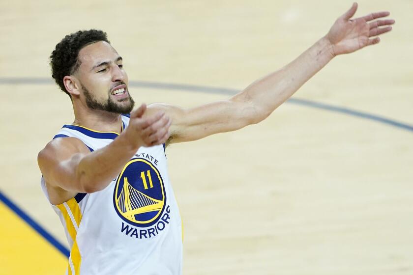 OAKLAND, CALIFORNIA - MAY 14: Klay Thompson #11 of the Golden State Warriors celebrates after dunking the ball during the second half against the Portland Trail Blazers in game one of the NBA Western Conference Finals at ORACLE Arena on May 14, 2019 in Oakland, California. NOTE TO USER: User expressly acknowledges and agrees that, by downloading and or using this photograph, User is consenting to the terms and conditions of the Getty Images License Agreement. (Photo by Thearon W. Henderson/Getty Images) ** OUTS - ELSENT, FPG, CM - OUTS * NM, PH, VA if sourced by CT, LA or MoD **