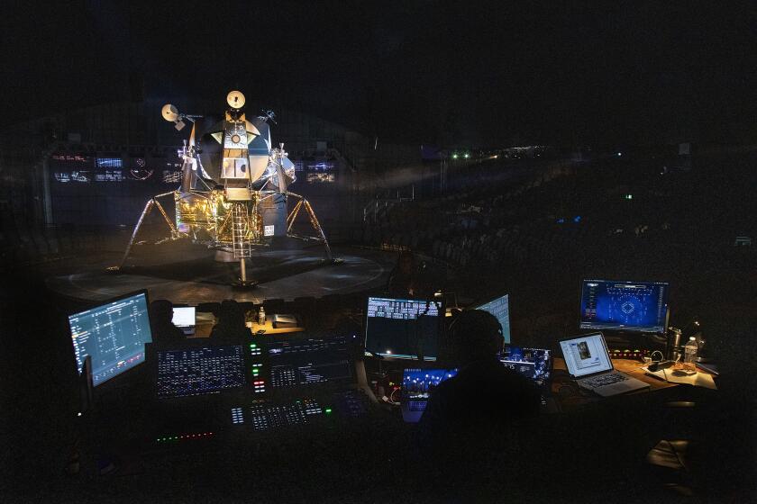 PASADENA, CA - JULY 3, 2019: A replica of the Apollo 11 lunar module sits on stage during rehearsal for Apollo 11: The Immersion Live Show inside the Lunar Dome in the parking lot of the Rose Bowl on July 3, 2019 in Pasadena, California. The Lunar Dome is a custom-built theater with seating for 1,600 people.The 90 minute show takes audiences on an epic journey to the Moon and back.(Gina Ferazzi/Los AngelesTimes)