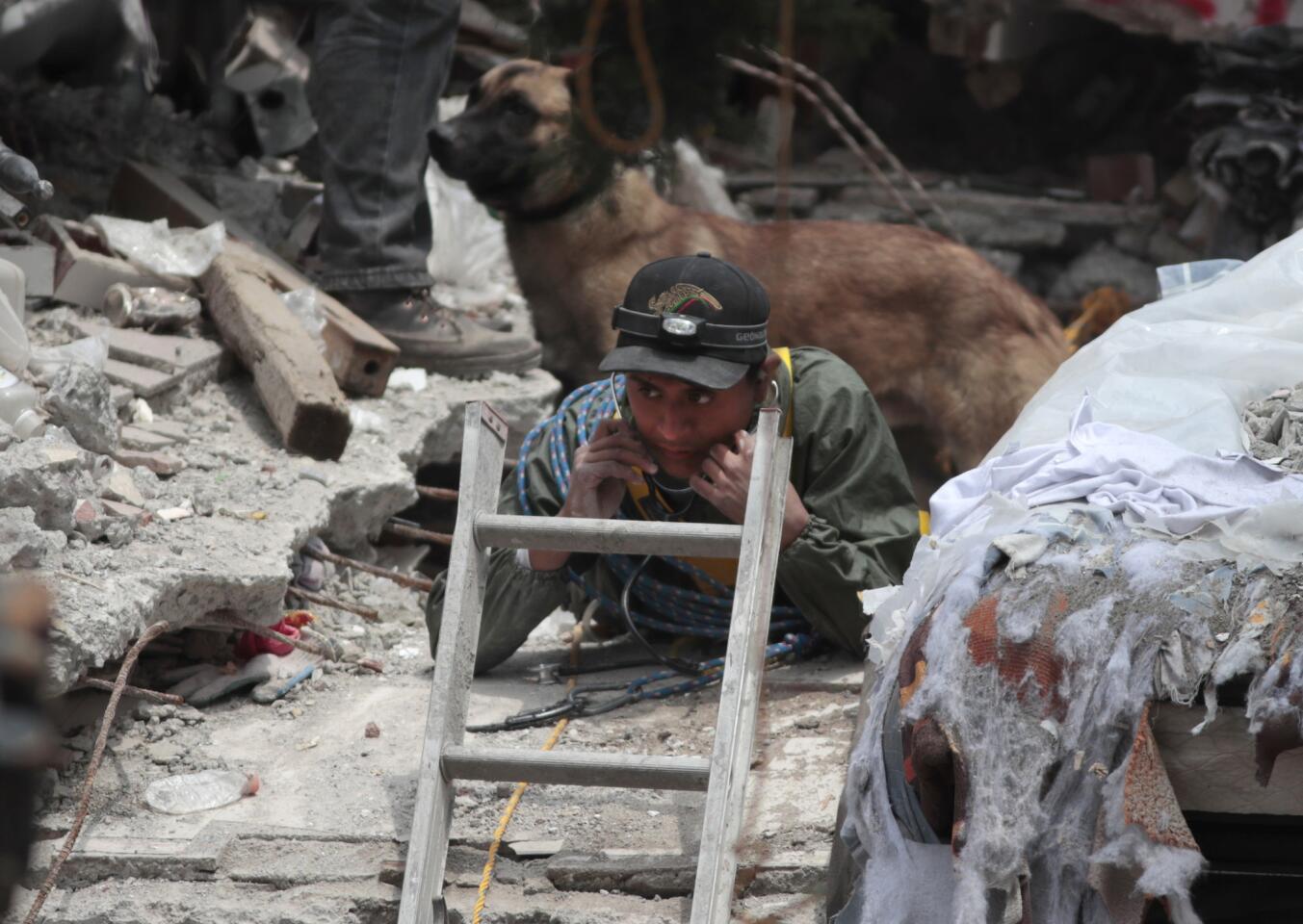 A rescuer listens for signs of life in a building felled by the earthquake in Mexico City.