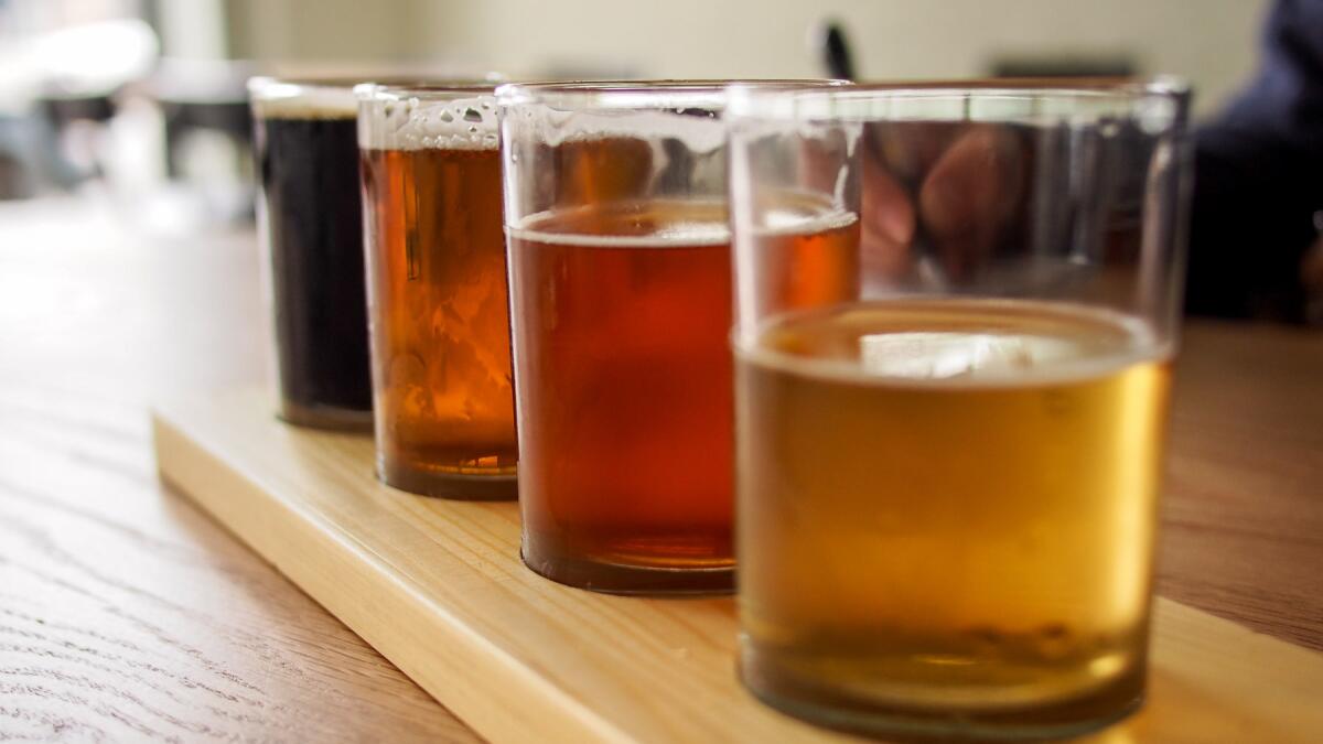 A taster flight at Mumford Brewing Co., which recently opened in L.A.'s arts district.