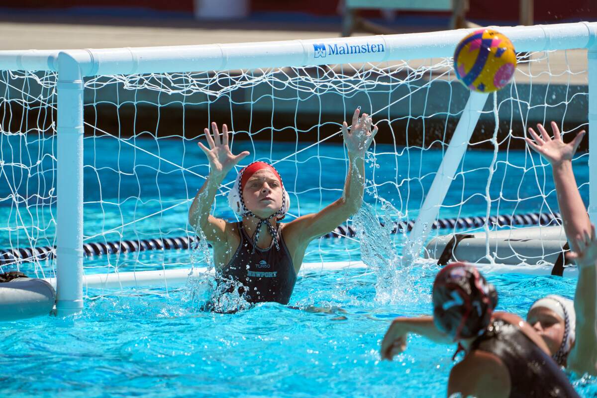 Newport Beach goalkeeper Leila Meyer prepares to make the stop against San Clemente during Sunday's gold medal match.