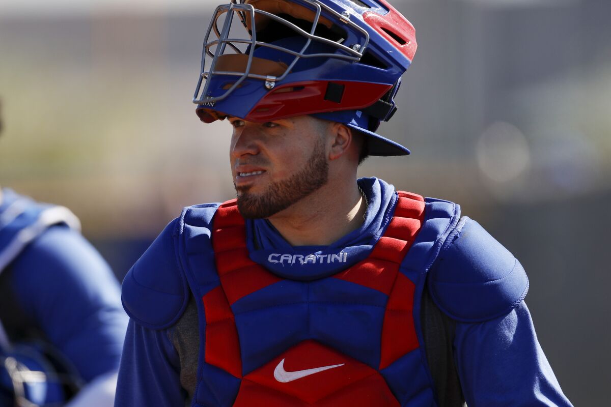 Chicago Cubs catcher Victor Caratini during spring training baseball Wednesday, Feb. 12, 2020, in Mesa, Ariz.