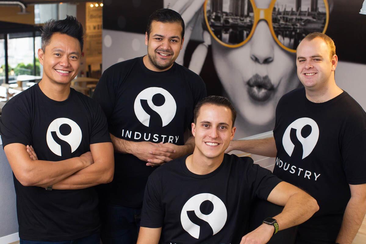 Industry co-founders (from left) Errol Asuncion II, Varun Villait, Cody Barbo, and Matthew Cecil pose for photos on Friday in downtown San Diego, California. Their company is like LinkedIn for the restaurant industry. (Eduardo Contreras/U-T)