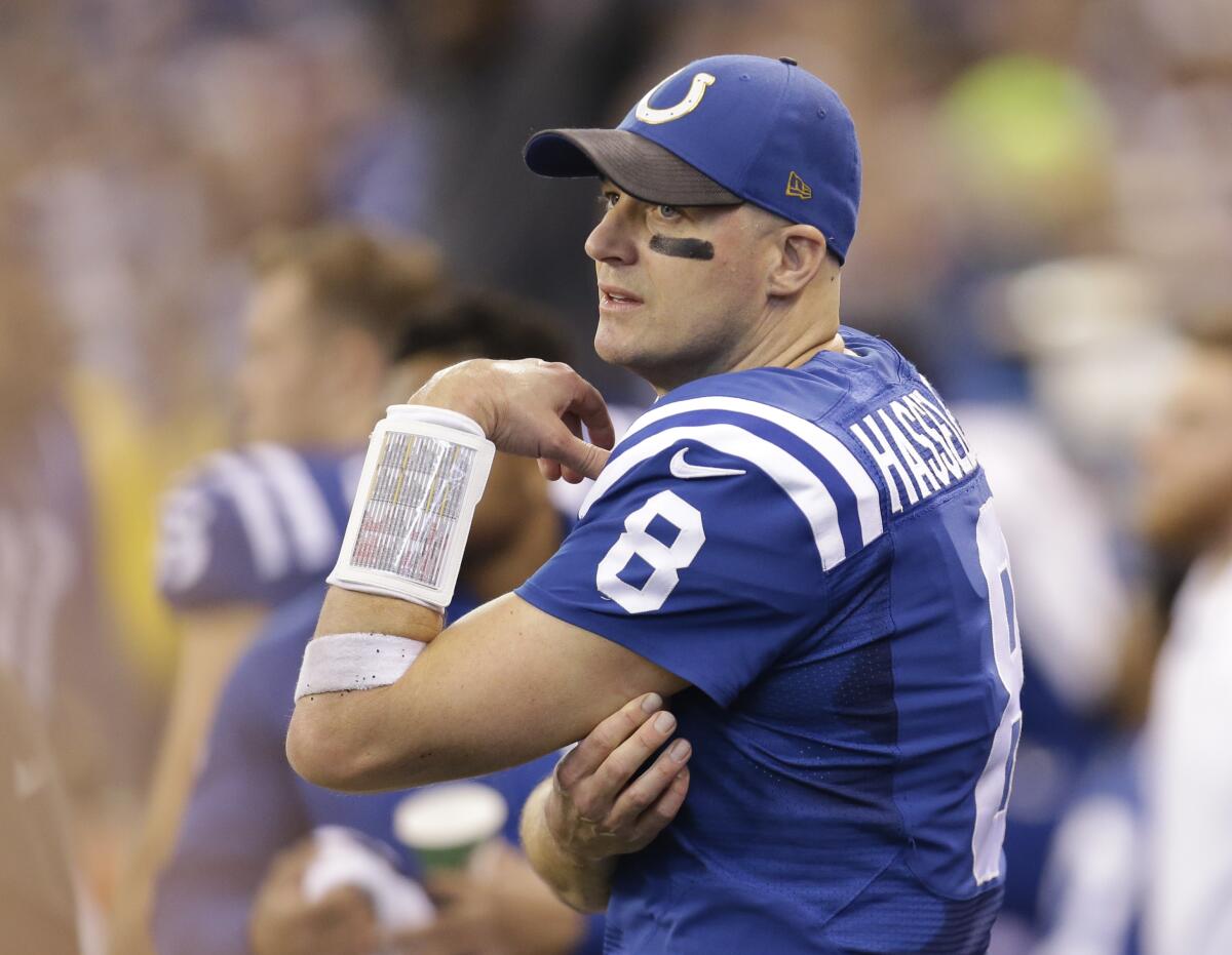 Indianapolis Colts quarterback Matt Hasselbeck (8) watches from the sidelines in 2015.