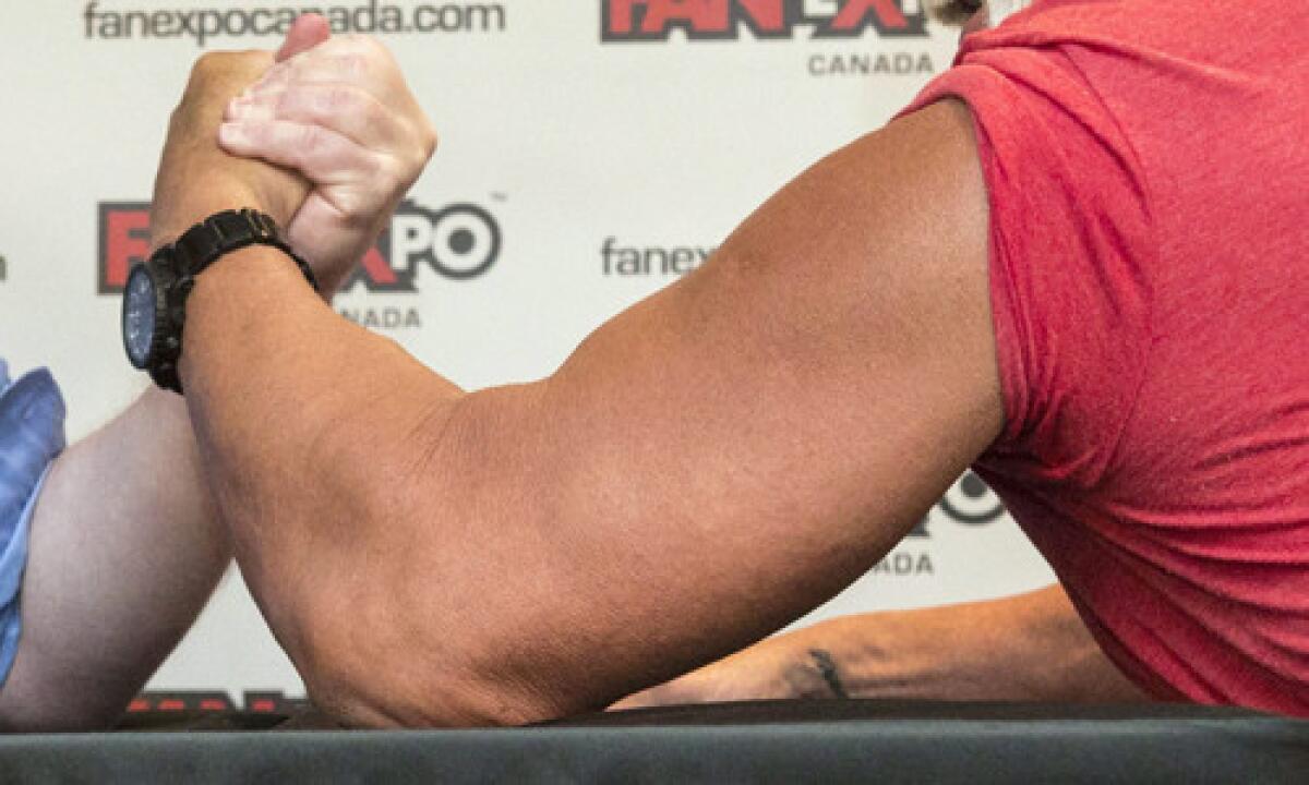 Toronto City Mayor Rob Ford, left, takes on professional wrestler Hulk Hogan in an arm-wrestling match to promote Fan Expo in Toronto on Aug. 23, 2013.