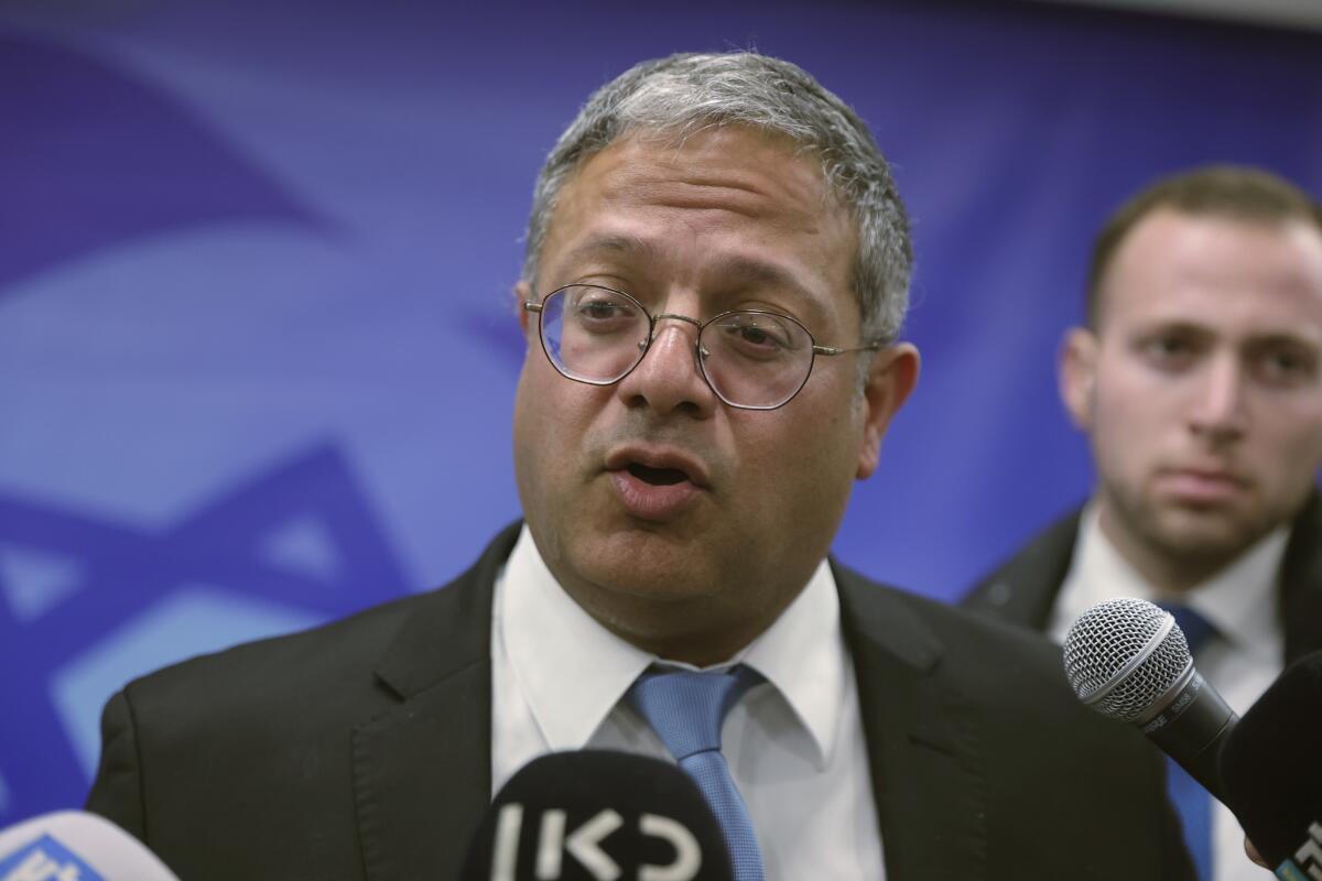 Israeli Minister of National Security Itamar Ben-Gvir talks to reporters 