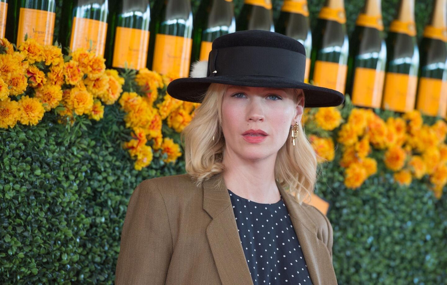 January Jones arrives at the Veuve Clicquot Polo Classic in support of Will Rogers State Historic Park on Saturday.
