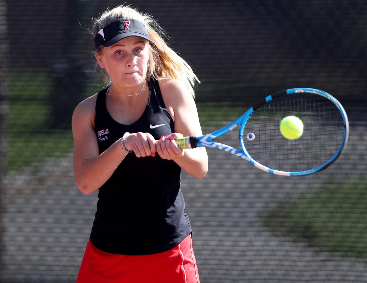 Flintridge Sacred Heart Academy tennis player Meghan Garrity returns the ball in home game vs. Alemany High School in Sunshine League match at Scholl Canyon Golf & Tennis Club, in Glendale on Tuesday, Oct. 8, 2019.