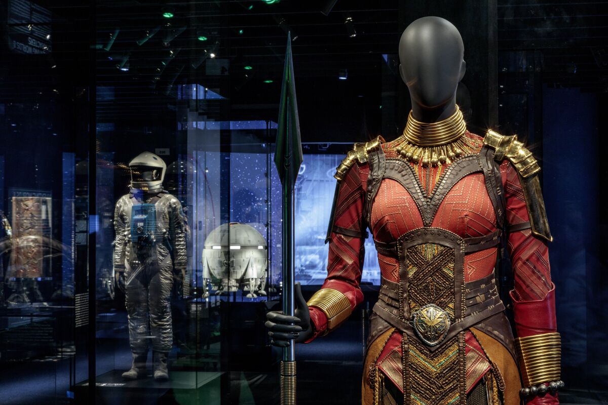 Costume and spear used by actress Danai Gurira as Okoye from "Black Panther."