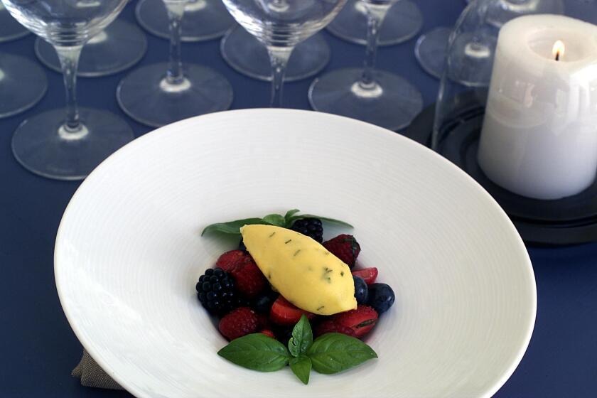 Bastide in the making. For story on start up of a new fancy big deal restaurant. A dish at Bastide is Berries Salade with muscat orange basil sorbet. 08/09/2002 ANNE CUSACK/ Los Angeles Times
