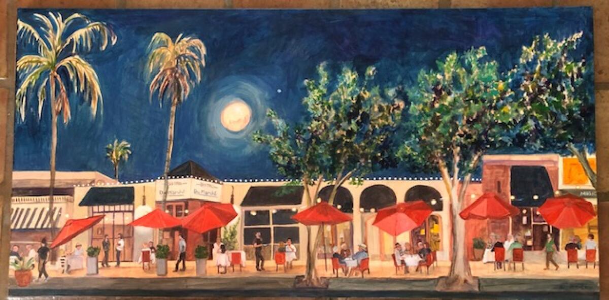 Paula McColl painted this scene of the outdoor dining that sprung up outside Bistrot du Marché.