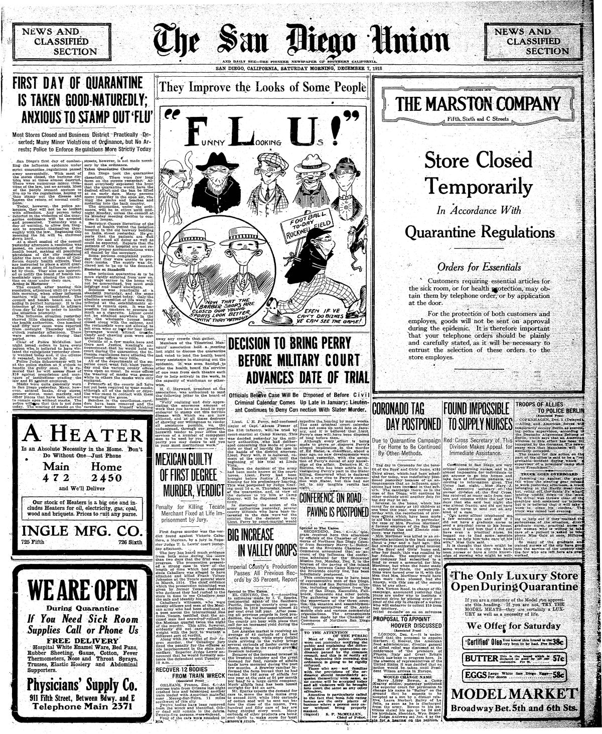 Flu cartoon published in The San Diego Union Dec. 7, 1918.