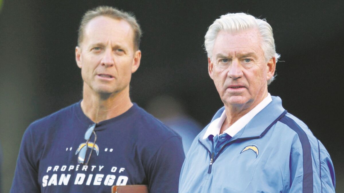 Bill Johnston, left, with General Manager A.J. Smith at San Diego Chargers open practice at Qualcomm Stadium in August, 2012.