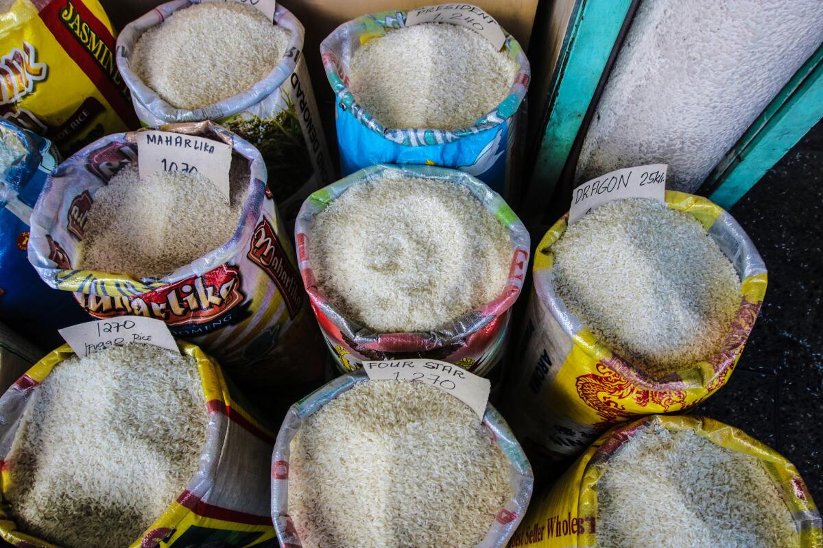 Sacks of rice for sale in Manila.