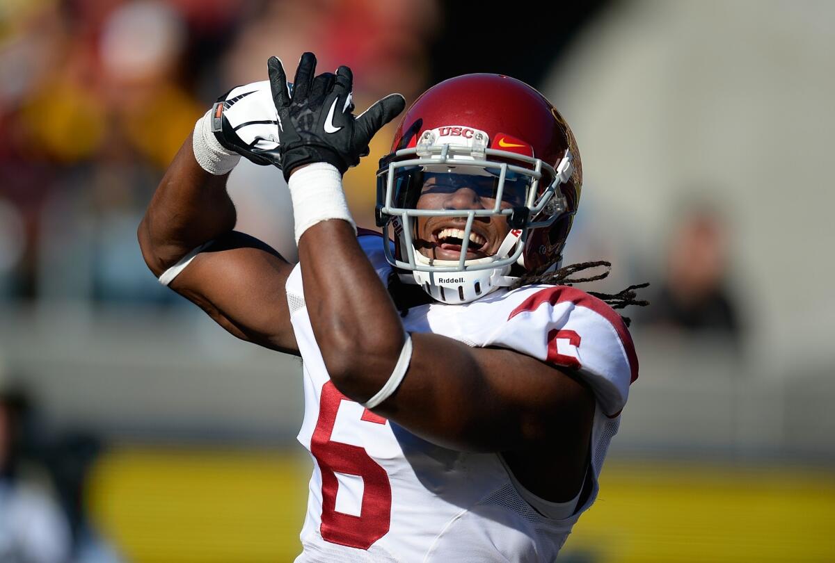 USC's Josh Shaw celebrates after returning a blocked punt for a touchdown in Saturday's win over California. The Trojans face a much tougher challenge this week against Stanford.