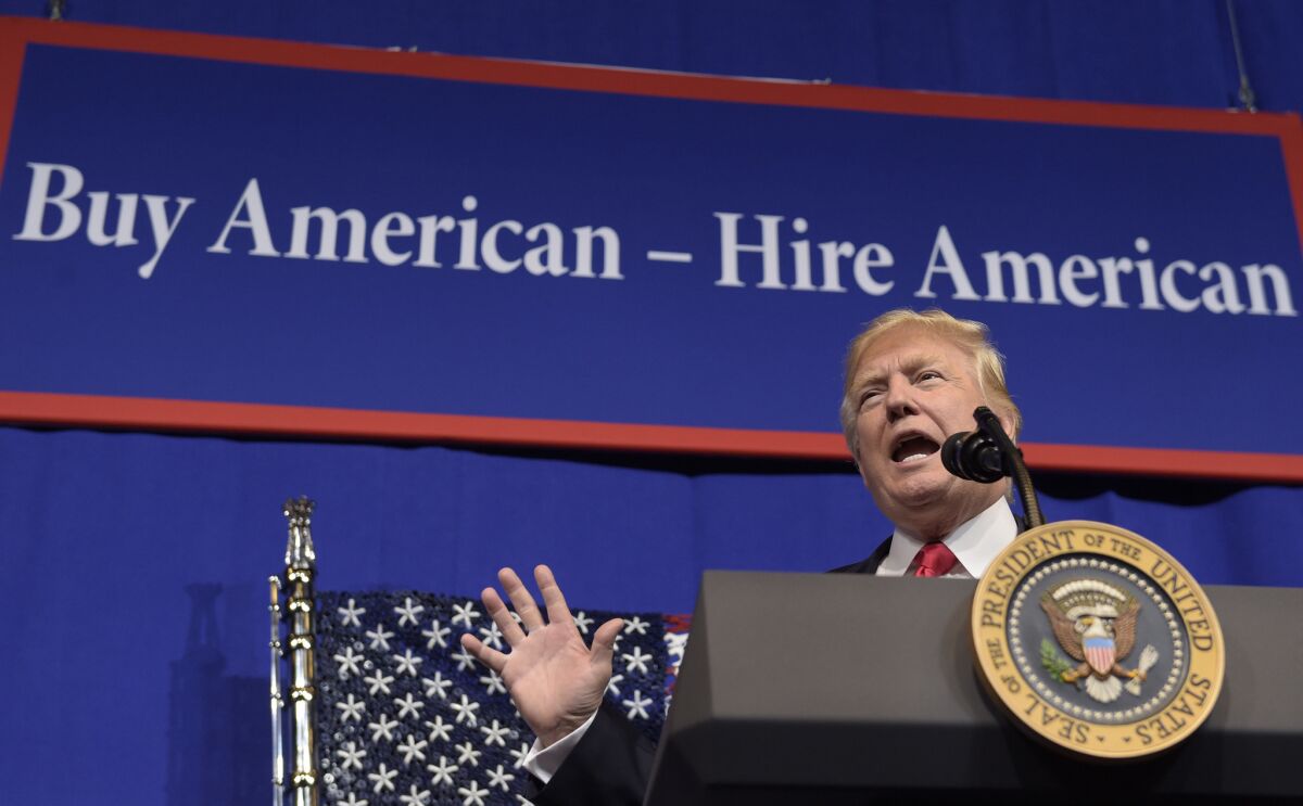 President Trump speaks at tool manufacturer Snap-on Inc. in Kenosha, Wis., in 2017 when he signed an executive order.