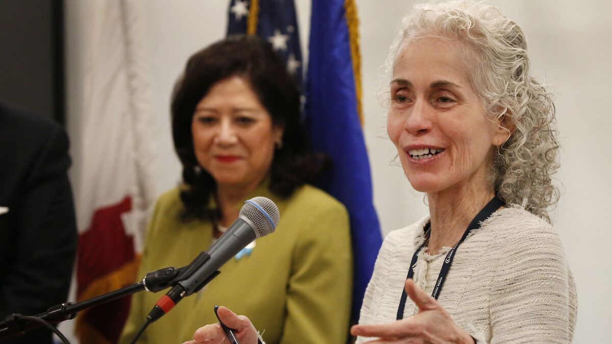 Barbara Ferrer, the recently appointed head of the L.A. County Department of Public Health, speaks at a news conference about reducing unintended pregnancy rates among youth in Los Angeles.