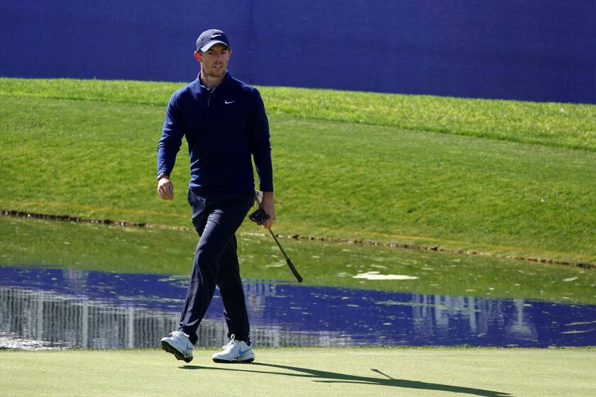 Rory McIlroy walks to the 18th green of Torrey Pines south during the Farmers Insurance Open Pro-Am on Jan. 22, 2020.