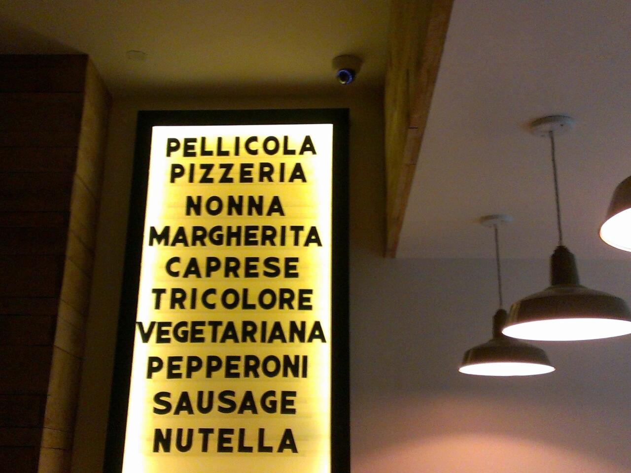 Pellicola's menu of pizzas, including the Nutella dessert pizza.