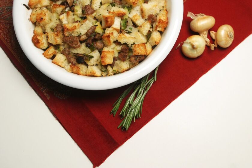 Stuffing is an excellent canvas for creativity. Start with bread cubes, add aromatics for subtle flavoring and liquid to keep it moist. Recipe: Chestnut-sage stuffing