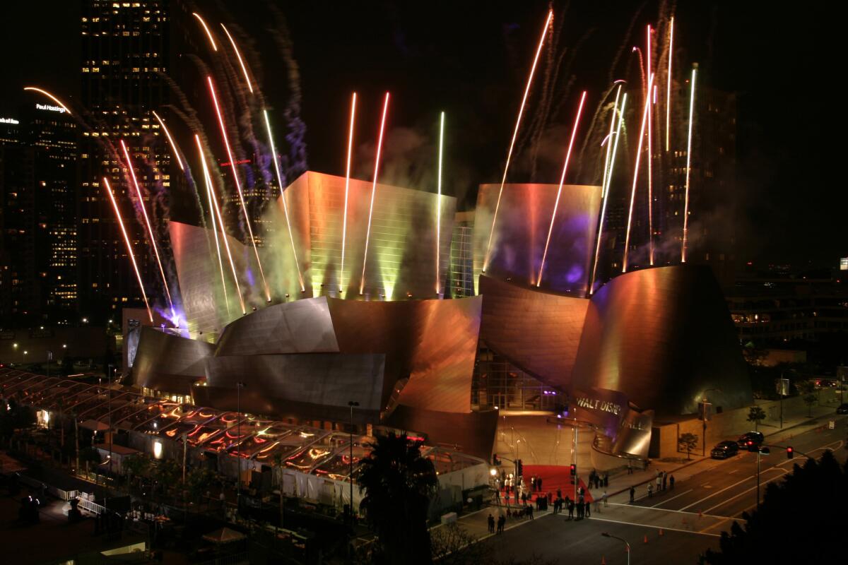 Fireworks were part of the festivities for the 2003 opening of Walt Disney Concert Hall.