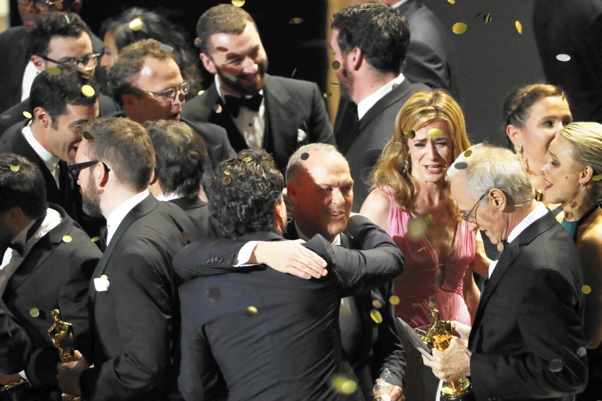 Michael Keaton and the cast and producers of "Spotlight" celebrate after winning best picture at the 88th Academy Awards on Feb. 28, 2016, at the Dolby Theatre at Hollywood & Highland Center in Hollywood.