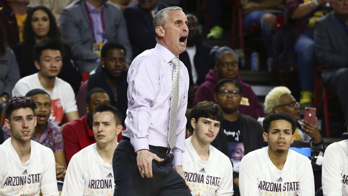 Arizona State head coach Bobby Hurley yells at the officials during the first half against Oregon State.