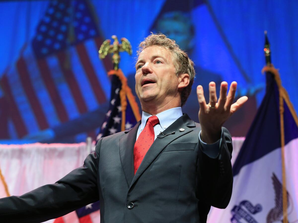 Sen. Rand Paul (R-Ky.) speaks at an event in Waukee, Iowa, on April 25.