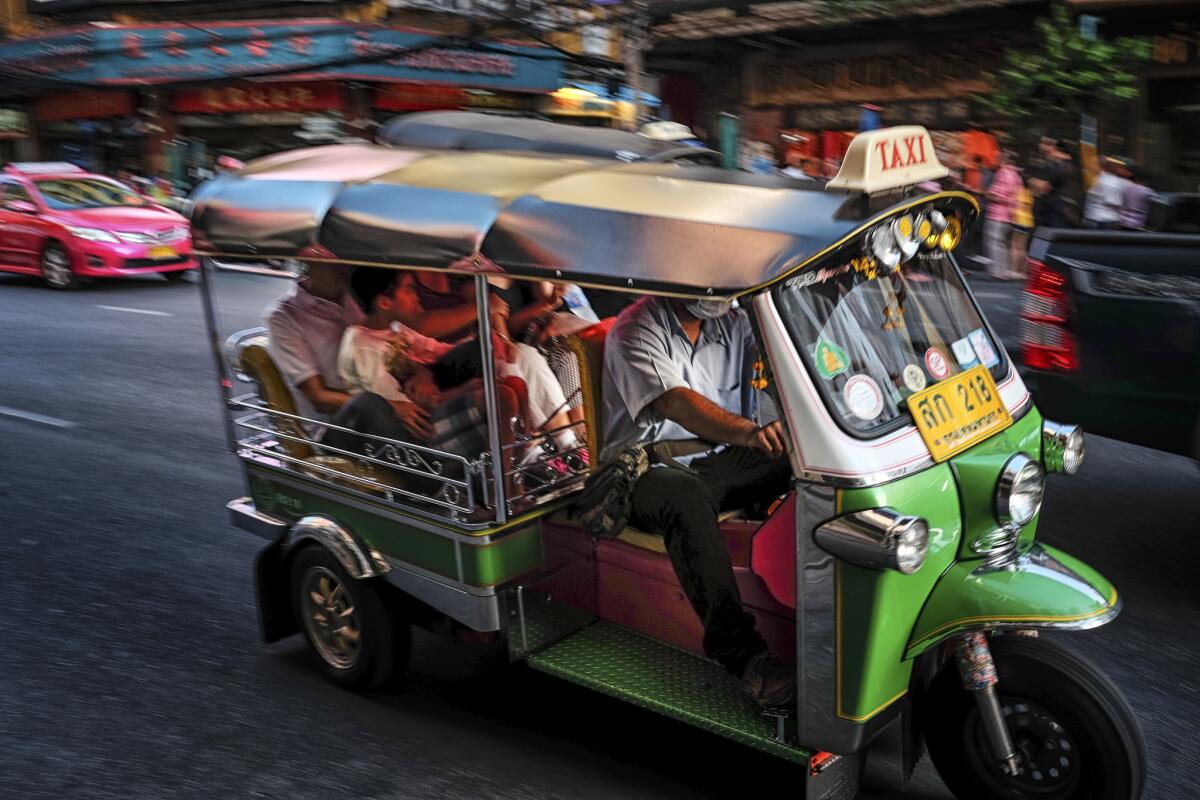 The Thai tuk-tuk, also known as a three-wheeler or auto rickshaw, is a popular form of local transportation. It is used mostly in congested urban areas and is popular with foreign tourists in Bangkok.