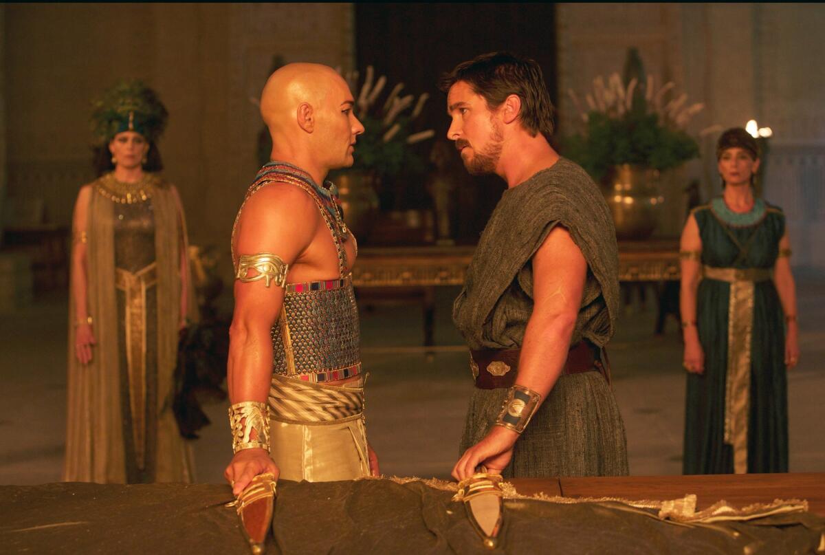 Joel Edgerton, left, and Christian Bale in a scene from "Exodus: Gods and Kings," which topped the box office in its opening weekend.