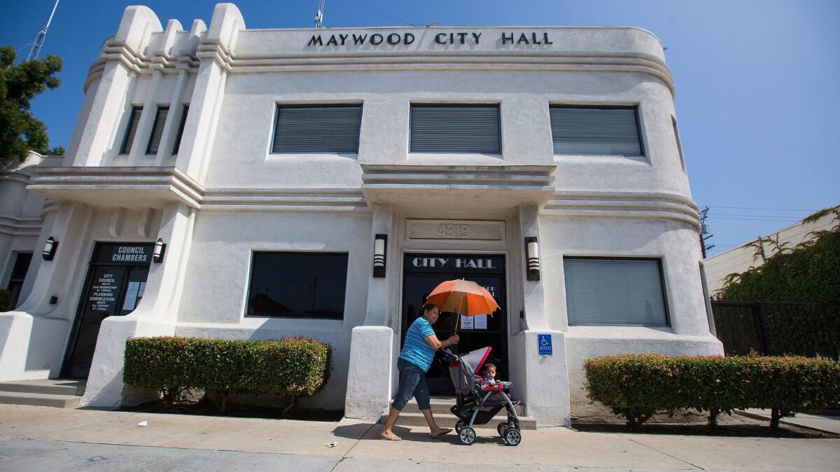 City Hall in Maywood, where authorities are on the hunt for a home intruder who has been assaulting women.